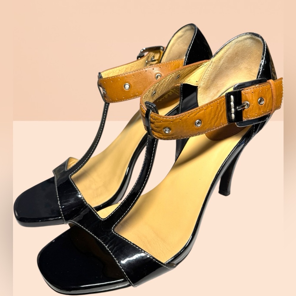 🤎🖤 Cole Haan Black Patent Leather Strappy Heels with Tan Leather Strap 🖤🤎 - Picture 2 of 8